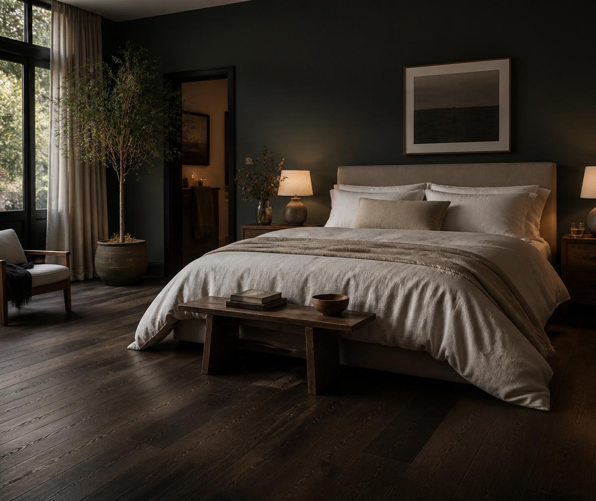 Schlafzimmer mit dunklem Räuchereichenboden und grüner Wand